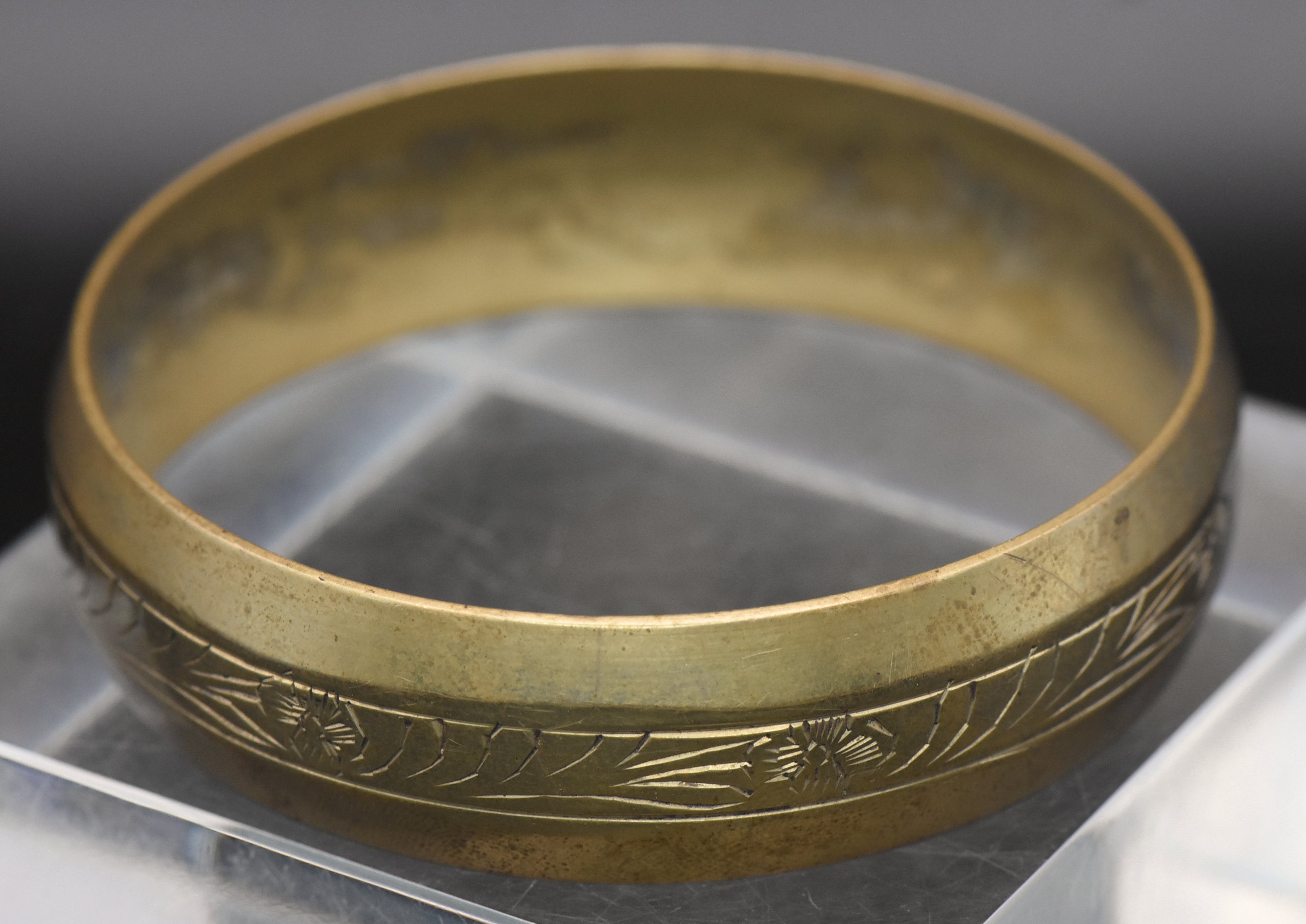 Vintage Brass Hand Engraved Wide Bangle Bracelet