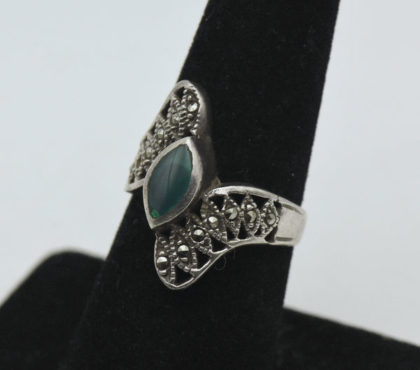 Vintage Sterling Silver Green Enamel and Marcasite Bypass Ring - Size 7