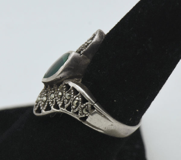 Vintage Sterling Silver Green Enamel and Marcasite Bypass Ring - Size 7