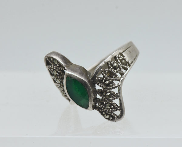 Vintage Sterling Silver Green Enamel and Marcasite Bypass Ring - Size 7