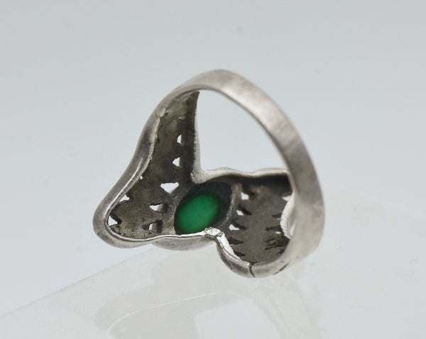 Vintage Sterling Silver Green Enamel and Marcasite Bypass Ring - Size 7