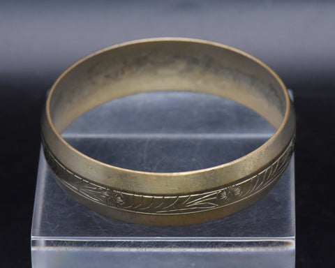 Vintage Brass Hand Engraved Wide Bangle Bracelet