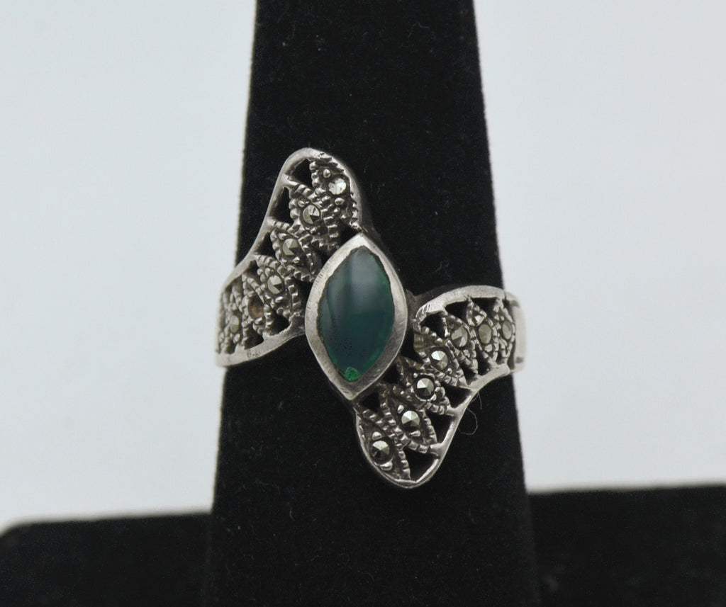 Vintage Sterling Silver Green Enamel and Marcasite Bypass Ring - Size 7