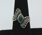 Vintage Sterling Silver Green Enamel and Marcasite Bypass Ring - Size 7