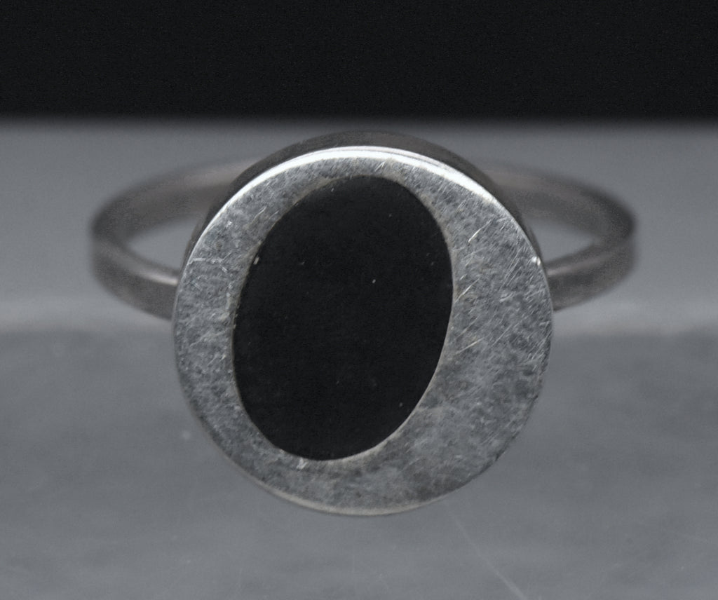 Vintage Handmade Sterling Silver Black Enamel Ring - Size 7.75