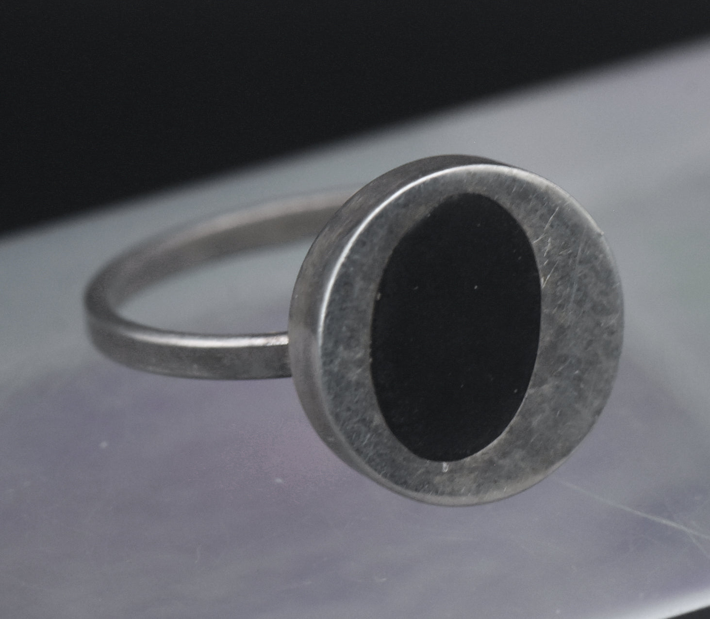 Vintage Handmade Sterling Silver Black Enamel Ring - Size 7.75