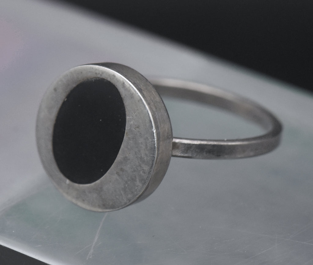Vintage Handmade Sterling Silver Black Enamel Ring - Size 7.75