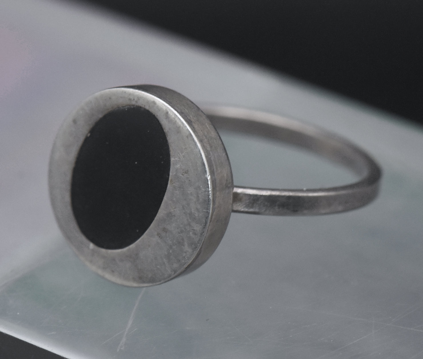 Vintage Handmade Sterling Silver Black Enamel Ring - Size 7.75