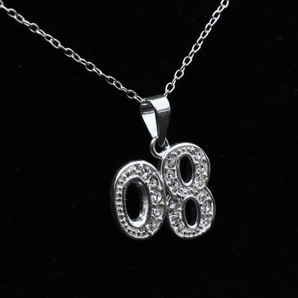 Sterling Silver '08 Rhinestone Pendant on Sterling Silver Chain Necklace - 20.25"