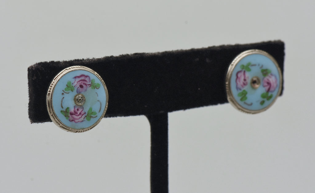 Vintage Enamel Floral Rhinestone Screw Back Earrings - AS IS