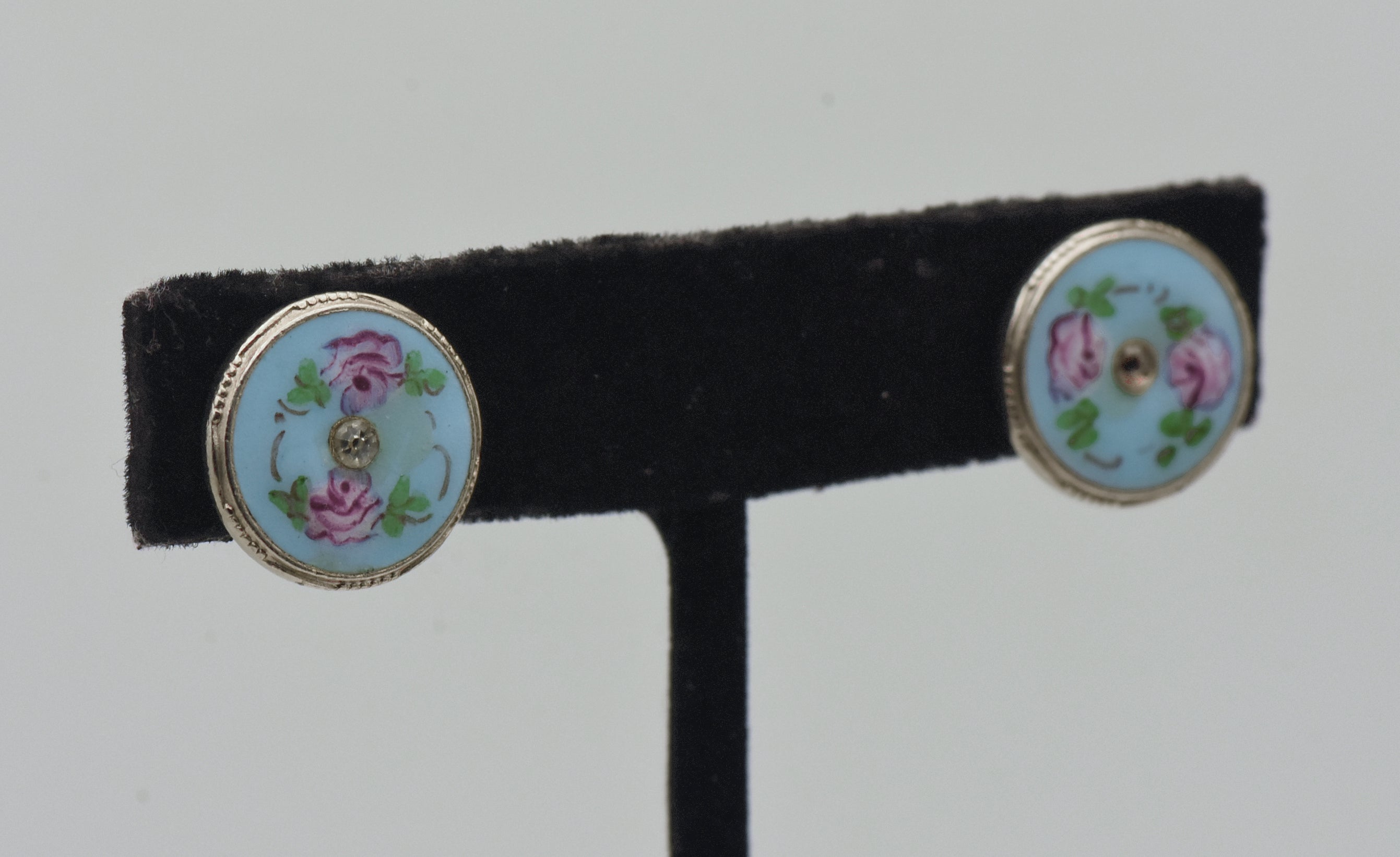 Vintage Enamel Floral Rhinestone Screw Back Earrings - AS IS