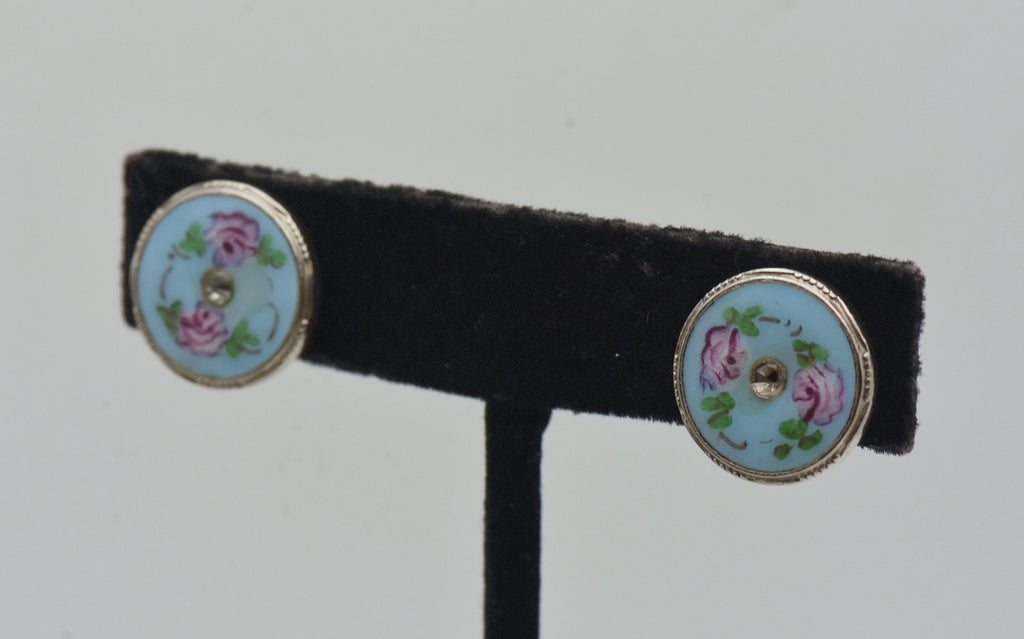Vintage Enamel Floral Rhinestone Screw Back Earrings - AS IS