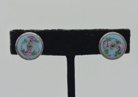 Vintage Enamel Floral Rhinestone Screw Back Earrings - AS IS