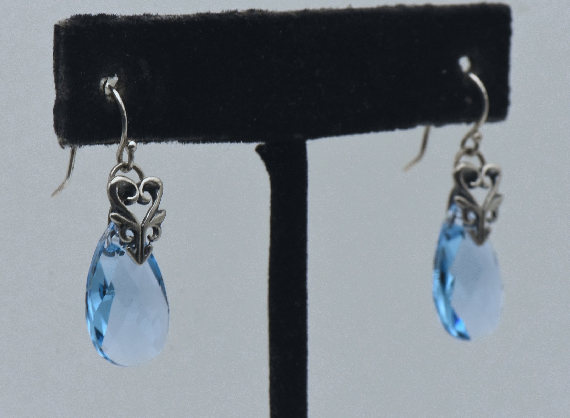 Vintage Blue Faceted Glass Teardrop Sterling Silver Earrings