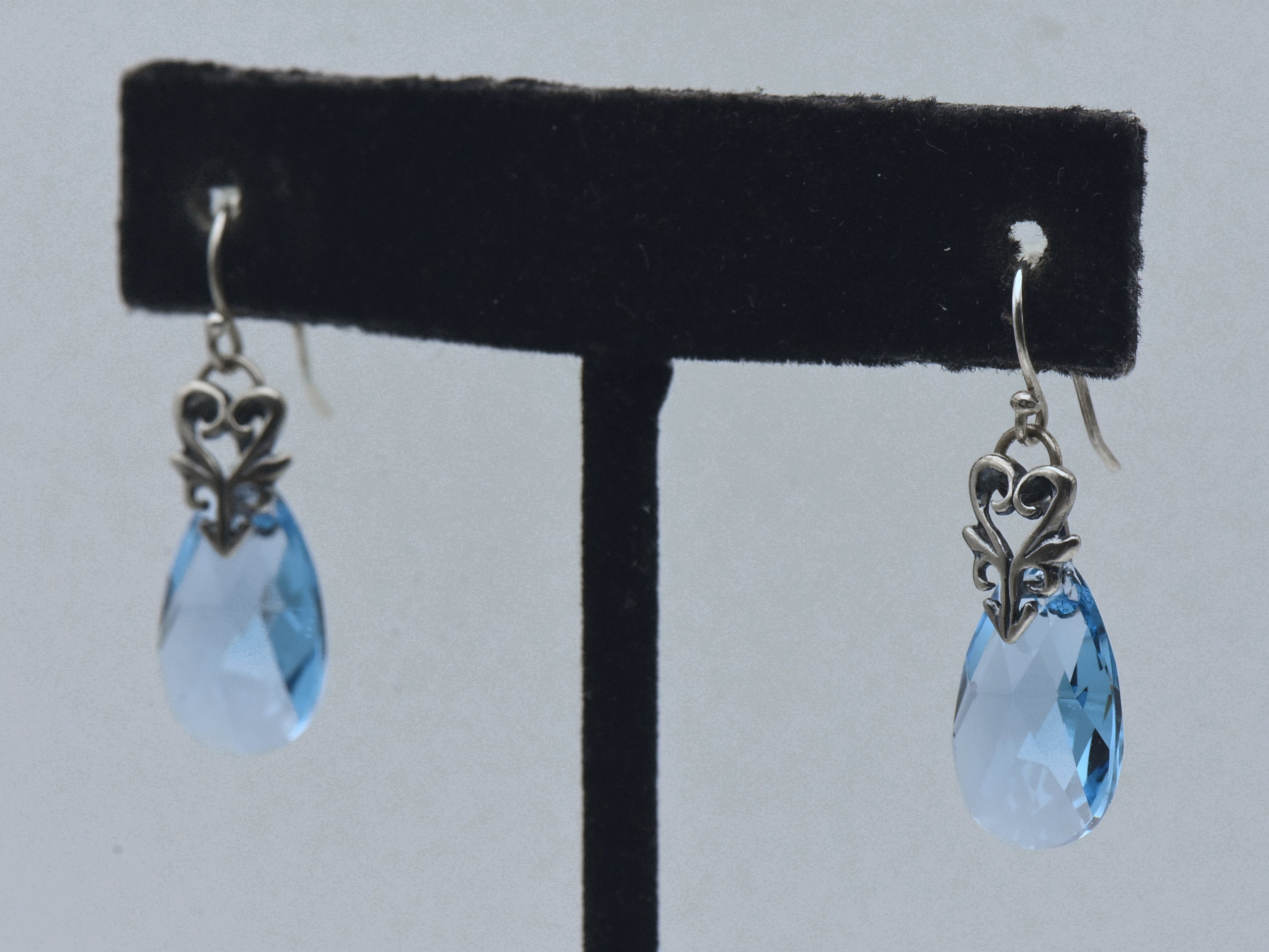 Vintage Blue Faceted Glass Teardrop Sterling Silver Earrings