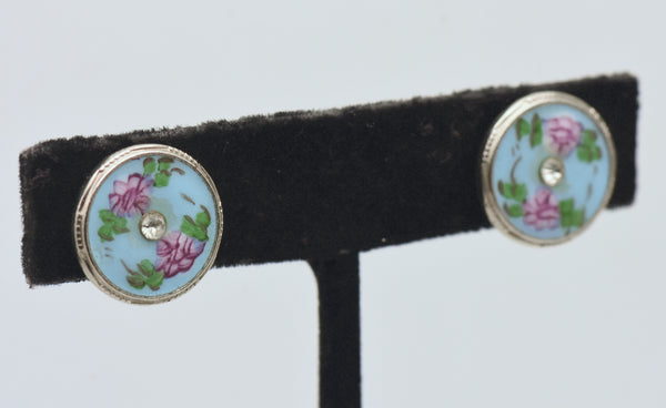 Vintage Enamel Floral Rhinestone Screw Back Earrings