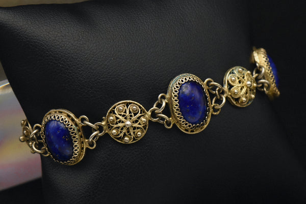 Vintage Gold Tone Filigree and Imitation Lapis Lazuli Bracelet - 7"