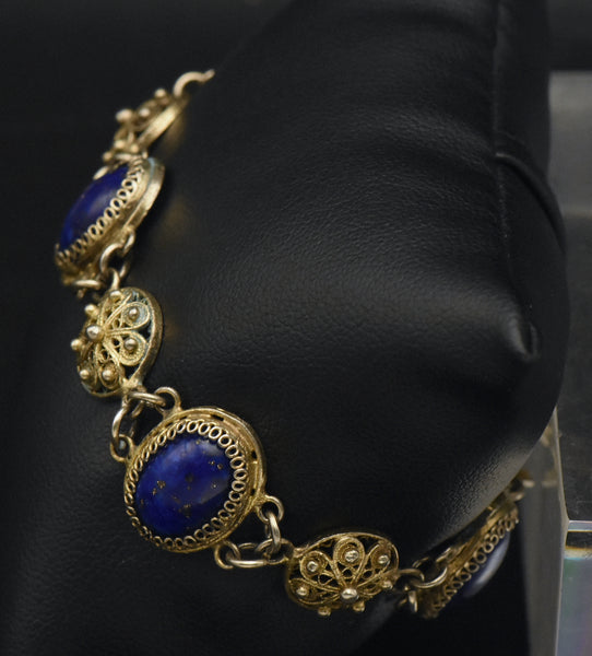 Vintage Gold Tone Filigree and Imitation Lapis Lazuli Bracelet - 7"