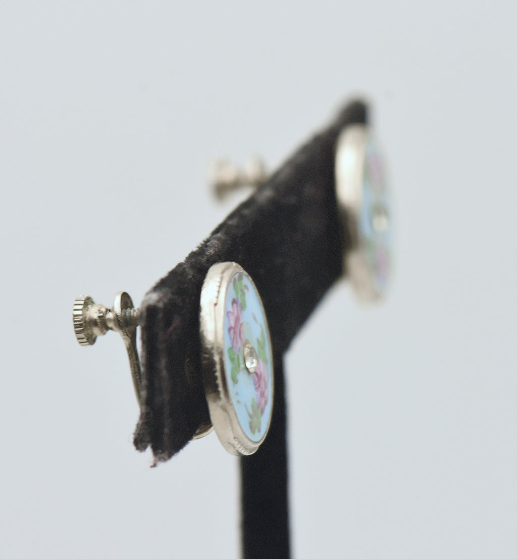 Vintage Enamel Floral Rhinestone Screw Back Earrings