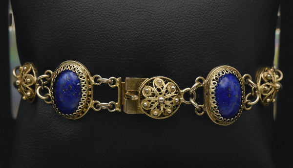 Vintage Gold Tone Filigree and Imitation Lapis Lazuli Bracelet - 7"