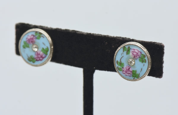 Vintage Enamel Floral Rhinestone Screw Back Earrings