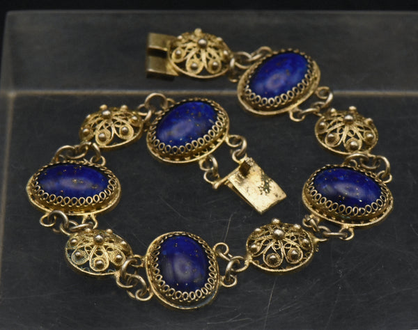 Vintage Gold Tone Filigree and Imitation Lapis Lazuli Bracelet - 7"