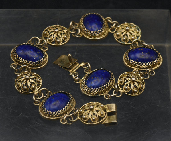 Vintage Gold Tone Filigree and Imitation Lapis Lazuli Bracelet - 7"