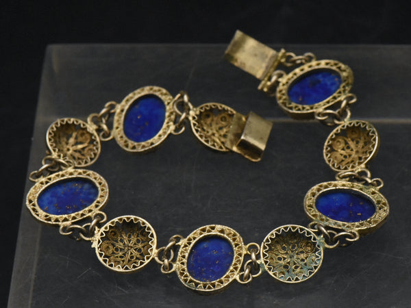 Vintage Gold Tone Filigree and Imitation Lapis Lazuli Bracelet - 7"