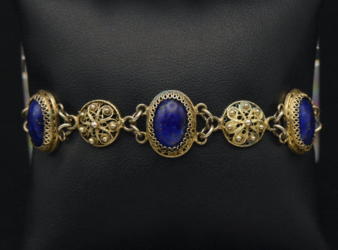 Vintage Gold Tone Filigree and Imitation Lapis Lazuli Bracelet - 7"