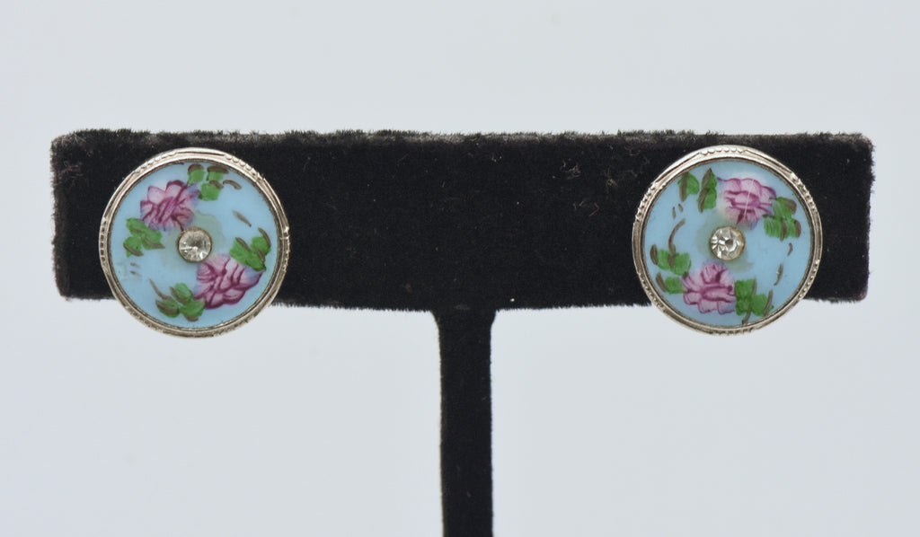 Vintage Enamel Floral Rhinestone Screw Back Earrings
