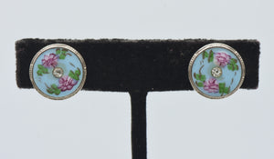 Vintage Enamel Floral Rhinestone Screw Back Earrings
