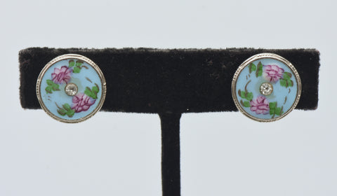 Vintage Enamel Floral Rhinestone Screw Back Earrings