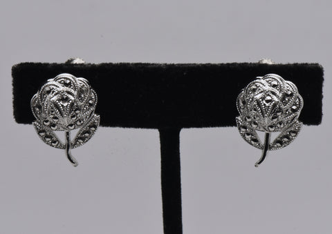Vintage Sterling Silver and Marcasite Floral Screw Back Earrings