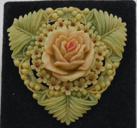 Vintage Carved Plastic Floral Arrangement Brooch