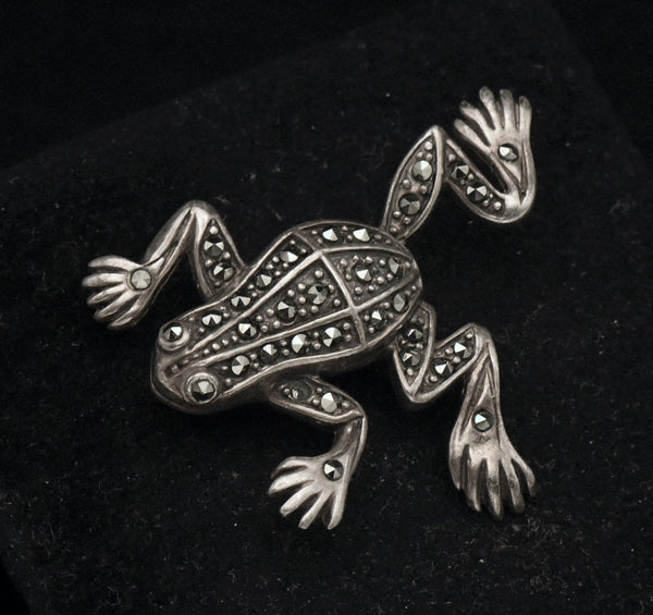 Vintage Sterling Silver and Marcasite Frog Brooch