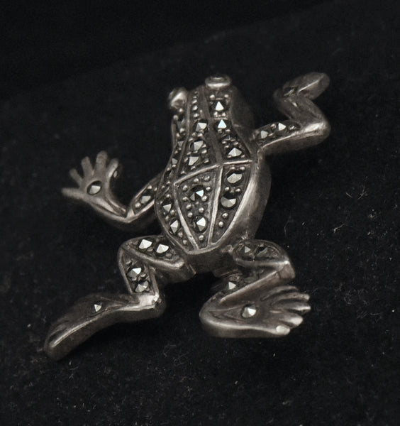 Vintage Sterling Silver and Marcasite Frog Brooch