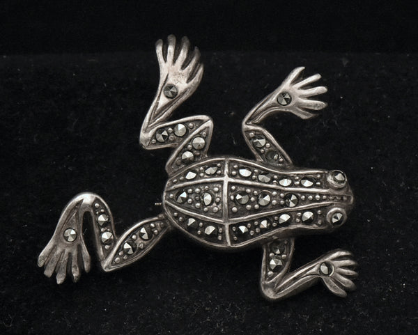 Vintage Sterling Silver and Marcasite Frog Brooch