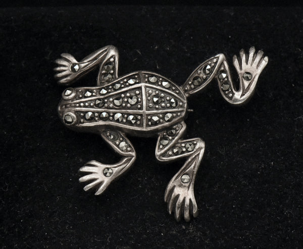 Vintage Sterling Silver and Marcasite Frog Brooch