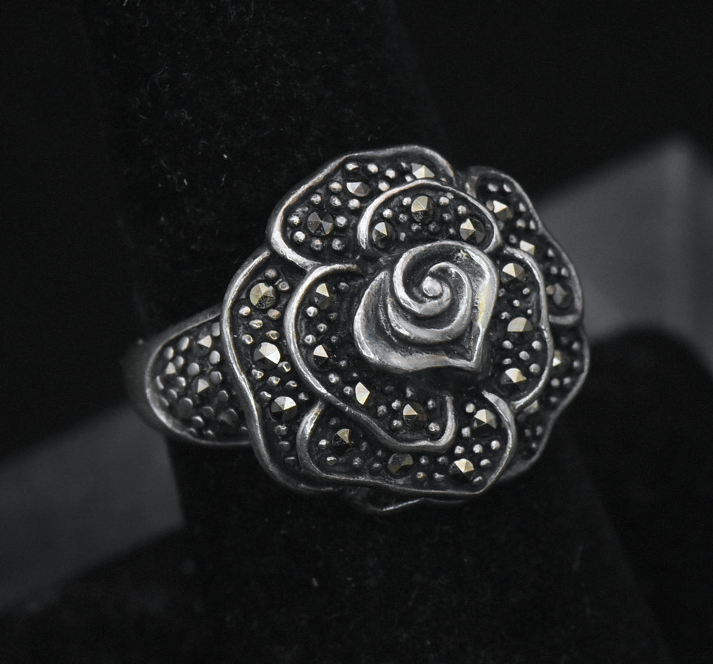 Vintage Sterling Silver Floral Marcasite Ring - Size 7