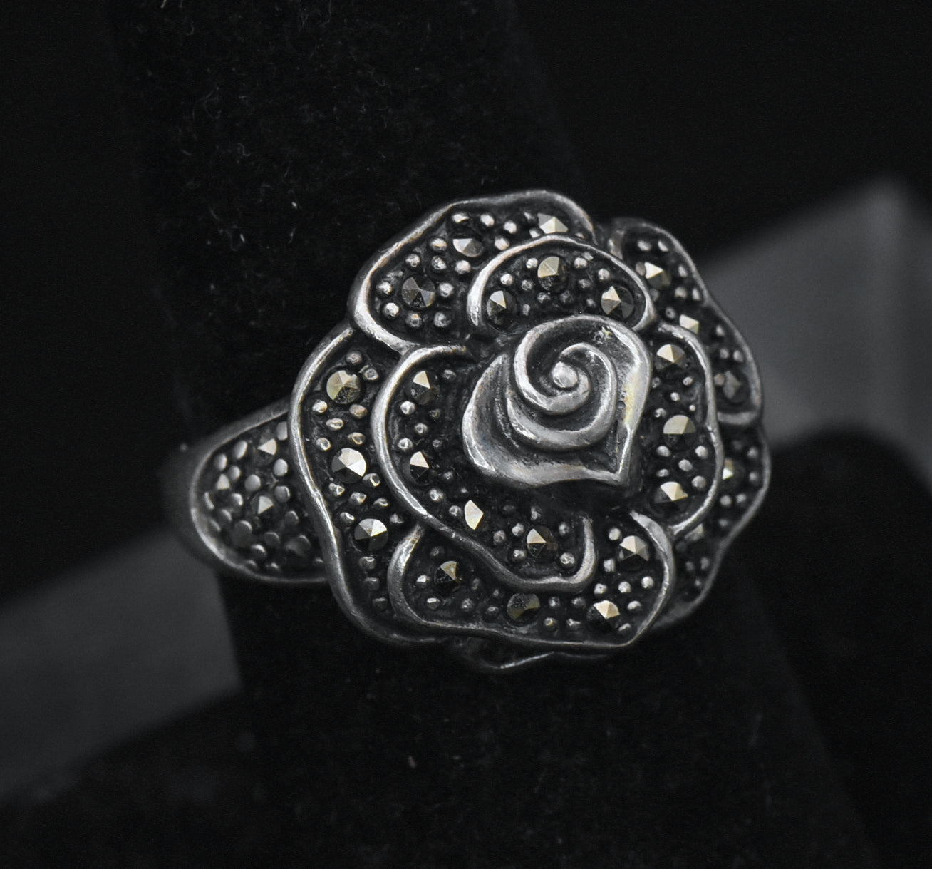 Vintage Sterling Silver Floral Marcasite Ring - Size 7