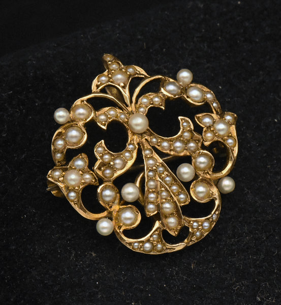 Vintage Handcrafted 14K Gold and Cultured Pearl Fleur-de-Lis Brooch/Pendant