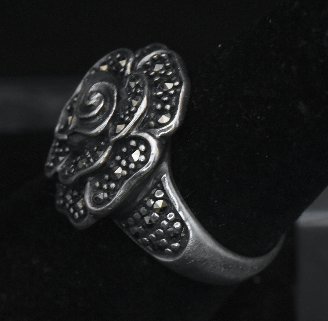 Vintage Sterling Silver Floral Marcasite Ring - Size 7