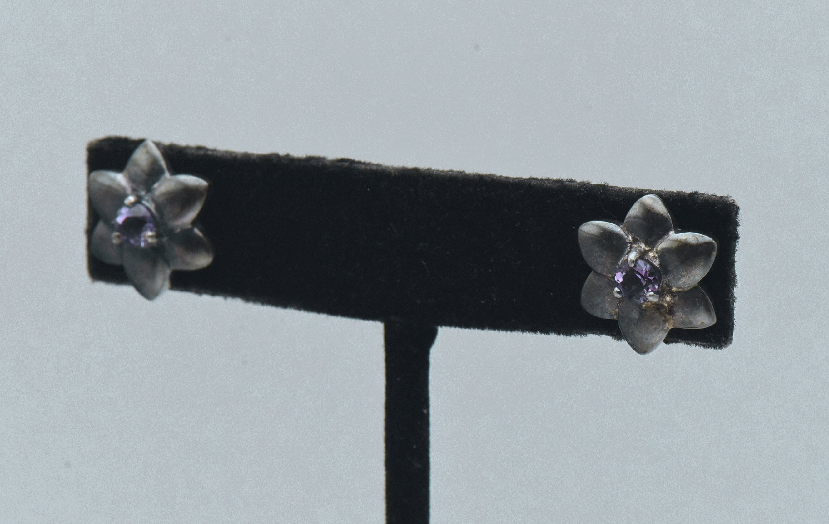 Vintage Sterling Silver and Amethyst Flower Stud Earrings