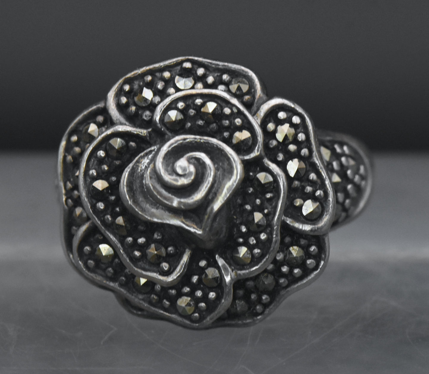 Vintage Sterling Silver Floral Marcasite Ring - Size 7