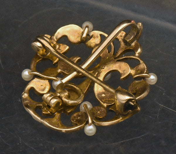 Vintage Handcrafted 14K Gold and Cultured Pearl Fleur-de-Lis Brooch/Pendant