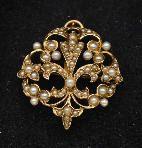 Vintage Handcrafted 14K Gold and Cultured Pearl Fleur-de-Lis Brooch/Pendant