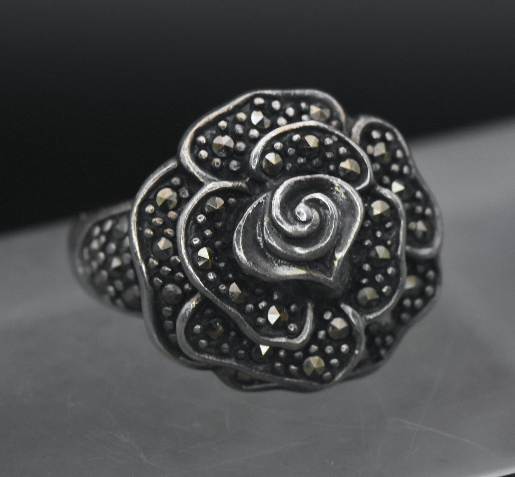 Vintage Sterling Silver Floral Marcasite Ring - Size 7