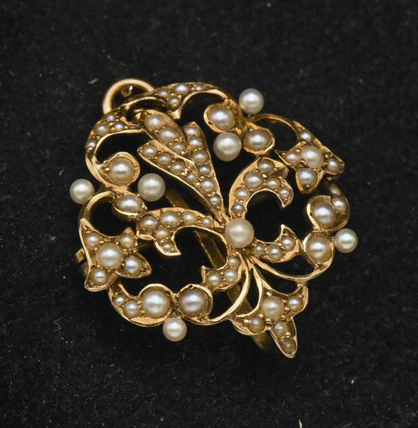 Vintage Handcrafted 14K Gold and Cultured Pearl Fleur-de-Lis Brooch/Pendant