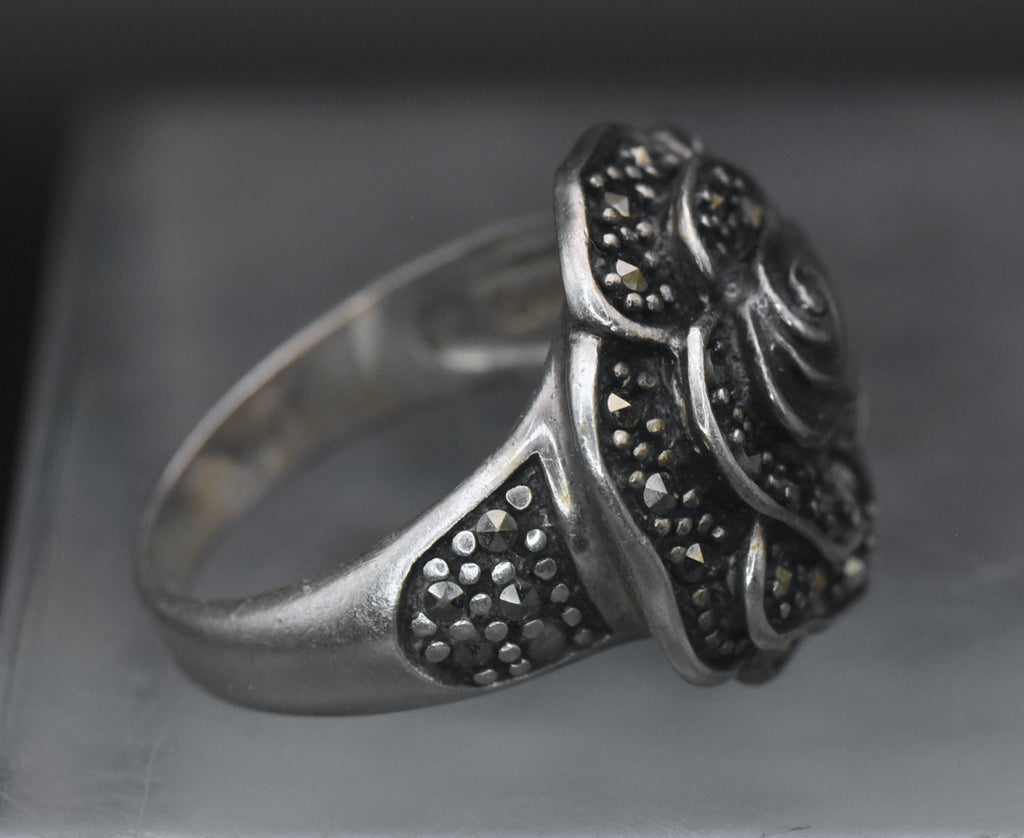 Vintage Sterling Silver Floral Marcasite Ring - Size 7
