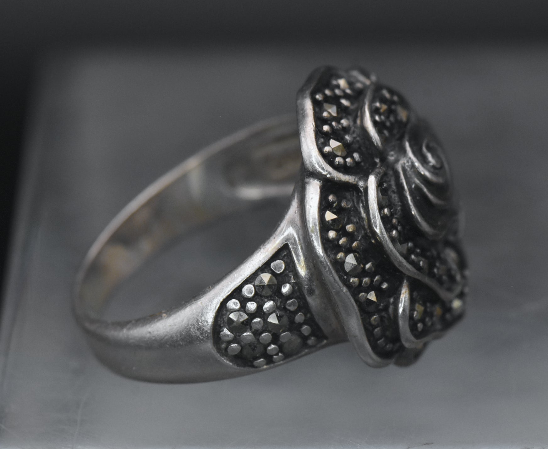 Vintage Sterling Silver Floral Marcasite Ring - Size 7